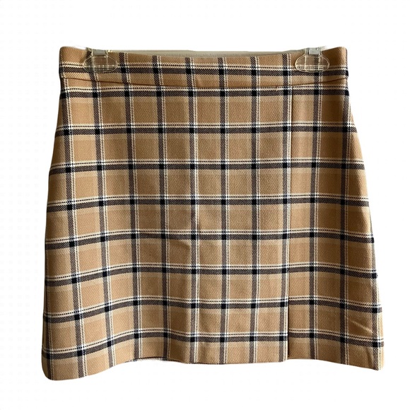 Wilfred Plaid Mini Skirt Size 6 Tan Checkered Front Slit Preppy Academia Winter - Picture 3 of 10